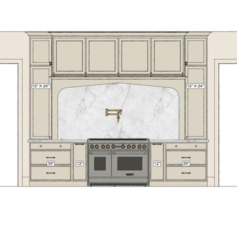 Fireplace Range Hood, Stone Stove Surround Kitchen, Wood And Taupe Kitchen, Curved Islands In Kitchen, Peninsula To Island Kitchen Remodel, Stoffer Cabinetry, Arch Over Stove, Marble Range Hood, Stove In Corner