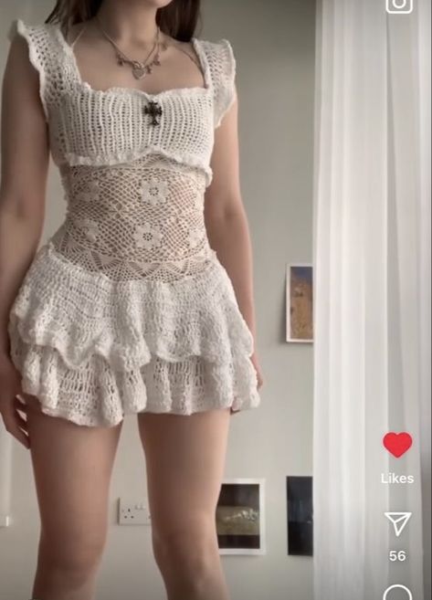 Dress With Crochet Details, Crochette Aesthetic, White Crochet Dress Aesthetic, Crochet Knit Dress Aesthetic, Crochet Patterns Coquette, Crochet Clothes Coquette, Crochet Dress Subversive, Crochet Dress Outfits, Cute Edgy Outfits