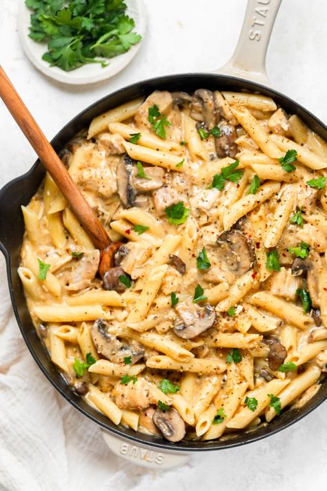 Creamy Chicken Marsala Pasta is a rich and decadent all-in-one pasta dish. Juicy, bite-sized pieces of chicken breast are coated in a sweet mushroom and Marsala wine sauce, then tossed with pasta and made creamy with the addition of some surprise ingredients. This dish is an all-in-one flavor fest, no side dish required. Chicken Marsala Pasta, Creamy Chicken Marsala, Marsala Pasta, Raw Chicken Breast, Ww Freestyle, Marsala Wine, Chicken Marsala, Chicken Dish, Wine Sauce