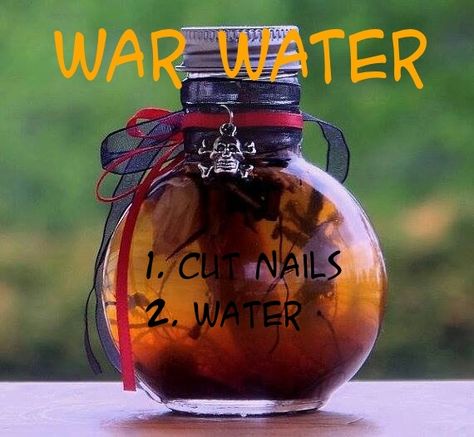 Simple recipe for War Water Use for protection, spiritual cleanser and to reverse curses and hexes to sender. Directions; In a mason jar place iron nails and add enough water to cover. Shut the jar. Leave it undisturbed until rust begins to form. To speed the process you can open the jar periodically. Add more water as needed. Keep the jar in a cool area or refrigerator. Strain the water and use as needed. (Some people add spanish moss to the process) (Encyclopedia of 5000 spells) Curses And Hexes, Iron Nails, Magickal Herbs, Wiccan Crafts, Jar Spells, Protection Spiritual, Pagan Crafts, Which Witch, Black Magic Spells