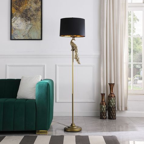 Modern Elegant Gold Peacock Pedestal Polyresin Floor Lamp - On Sale - Bed Bath & Beyond - 37564517 Brushed Gold Floor Lamp, Peacock Figurine, Ball Floor Lamp, Male Peacock, Space House, Golden Peacock, Lamp Standing, Gold Floor, Traditional Floor Lamps