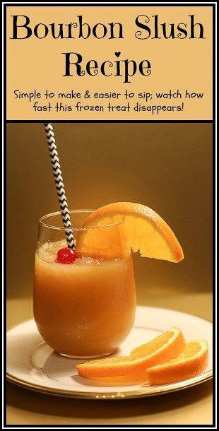 This Bourbon Slush is a frozen drink that everyone will LOVE. Simple to make and easier to sip; watch how fast this frozen treat disappears! It is the perfect addition to spike up your next big party! As they say, "Glass half full, glass half empty. Who cares as long as there is Bourbon in it?" Bourbon Slush Recipe, Bourbon Slush, Slush Recipes, Frozen Cocktail, Bourbon Recipes, Frozen Drink, Bourbon Drinks, Banana Milkshake, Frozen Cocktails