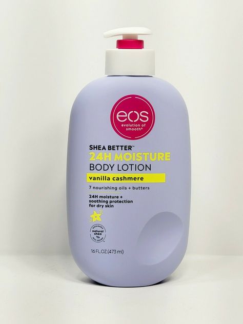 EOS Shea Better 24 Moisture Body Lotion. Vanilla Cashmere. 16 fl Oz. Contains fragrance notes of whipped vanilla, soft musk and cozy caramel. eos 24-hour hydration body lotion is made with natural ingredients to leave your skin smooth from head-to-toe. Protect and moisturize your skin with 7 nourishing oils + butters, including natural shea butter and shea oil. Our collection of incredible fragrances will delight in application and last all day on skin. Have wild grown, sustainably-sourced 100% Vanilla Chasmere Eos, Eos Shea Butter Body Lotion, Eos Vanilla, Vanilla Eos Lotion, Eos Lotion Vanilla, Eos Cashmere, Eos Body Lotion, Eos Vanilla Cashmere Lotion, Eos Lotion