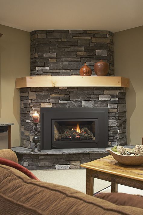 Regency E21 Gas Fireplace Insert Corner Fireplace Mantels, Gas Fireplace Inserts, Corner Stone Fireplace, Corner Fireplace Makeover, Corner Fireplace Living Room, Corner Fireplace Ideas, Corner Gas Fireplace, Direct Vent Gas Fireplace, Basement Fireplace