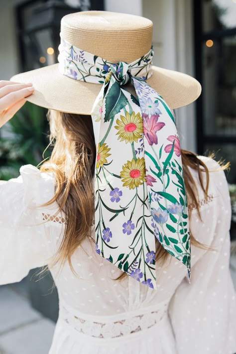 Floral Hat - The A List Straw Hat With Scarf, Scarf On Hat, February Flowers, Hat Outfit Summer, The A List, Stylish Womens Hats, Spring Hat, Clothing Store Design, Gucci Floral