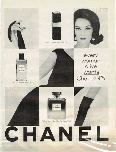 1960's Chanel No. 5 Chanel Branding Design, Chanel Graphic Design, Perfume Advertisement Poster, Chanel Advertising, Chanel Branding, Perfume Magazine, Perfume Advertisement, Chanel Perfumes, Font Idea