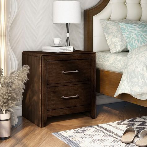 Bett Transitional Walnut Solid Wood 2-Drawer Nightstand by Furniture of America - On Sale - Bed Bath & Beyond - 30977993 Silver Drawer Pulls, Walnut Nightstand, 2 Drawer Nightstand, Wood Nightstand, Updating House, Furniture Of America, Drawer Nightstand, Furniture Outlet Stores, Walnut Finish