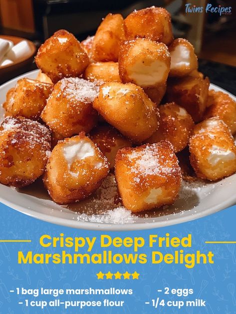 Craving something indulgent? These Crispy Deep Fried Marshmallows Delight are the perfect treat! 😋🔥  Crispy Deep Fried Marshmallows Delight  Ingredients:  - 1 bag large marshmallows - 1 cup all-purpose flour - 2 eggs - 1/4 cup milk - 1 teaspoon vanilla extract - 1 cup graham cracker crumbs - Oil for frying - Powdered sugar for dusting (optional) - Chocolate sauce for dipping (optional) Deep Fried Marshmallows, Fried Marshmallows, Large Marshmallows, Sweet Foods, Summer Foods, Frying Oil, Chocolate Sauce, Mini Marshmallows, Graham Cracker Crumbs