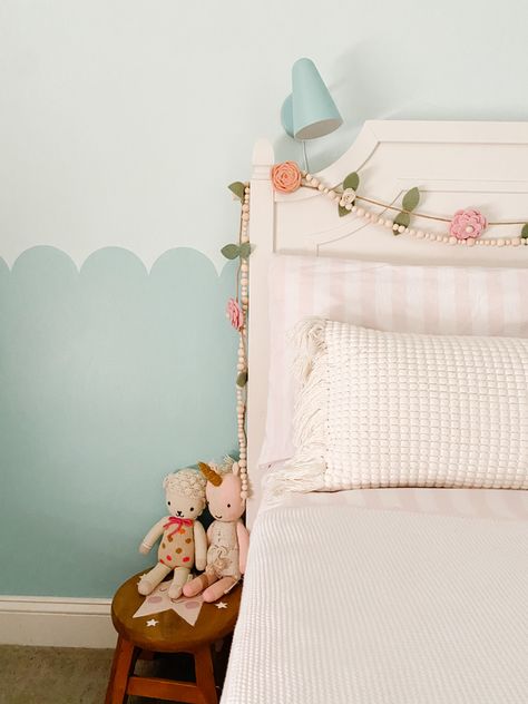 Scalloped wall mural in girls room Teal Scallop Wall, Scallop Wall Paint, Sage Green Scalloped Wall, Blue Scalloped Wall, Blue Scallop Wall, Scalloped Wall Paint, Scallop Wall, Scallop Wall Girls Room, Green Scallop Wall Nursery