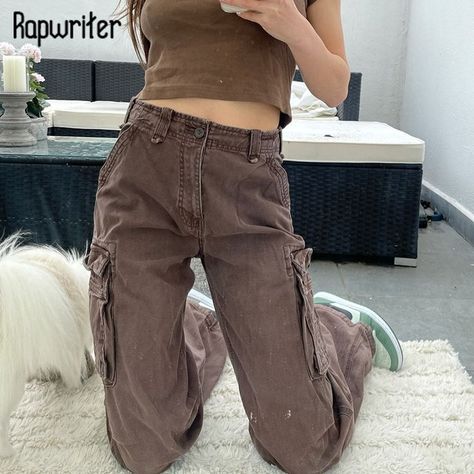 Cargo Jeans Women, Multi Belt, Brown Cargo Pants, Casual Cargo Pants, Jeans Brown, Streetwear Mode, Harajuku Streetwear, Jeans Y2k, High Waist Fashion