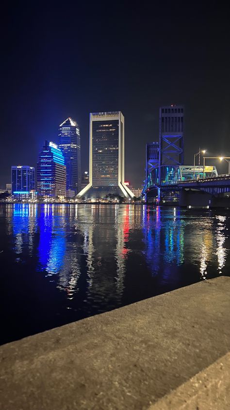 Jacksonville Aesthetic, Jacksonville Florida Aesthetic, Downtown Jacksonville Florida, Tail Aesthetic, Florida Wallpaper, Downtown Pictures, Background Study, Florida Trip, Beach At Night