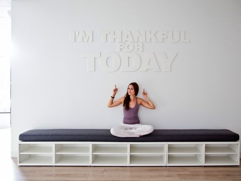 yoga-studio-letters, Photo by Mark Leibowitz Yoga Studio Design Ideas, Yoga Studio Interior, Dance Studio Design, Dance Studio Decor, Barre Studio, Lobby Seating, Meditation Studio, Studio Pilates, Yoga Club