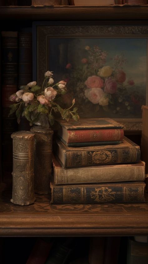 Victorian Aesthetic Wallpaper Iphone, Classic Literature Wallpaper, Book Stack Wallpaper, Classic Art Wallpaper, Iphone Wallpaper Books, Dark Academia Phone, Detailed Wallpaper, Vintage Art Wallpaper, Warm Home Aesthetic