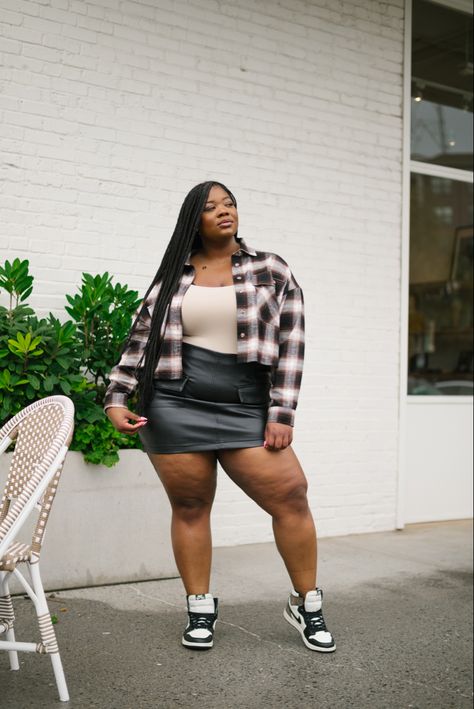 Homecoming Tailgate Outfit, Sneakers, Leather Skirt, Flannel Homecoming Tailgate Outfit, Leather Skirts Outfit, Hbcu Outfits, Hbcu Homecoming, Sneakers Outfit Spring, Hbcu Fashion, Short Skirts Outfits, Short Leather Skirts, Homecoming Outfit