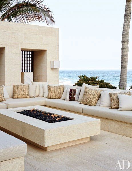 Cindy Crawford and Rande Gerber’s poolside fire-pit lounge in Los Cabos, Mexico.  AD June 2014 Outdoor Living Spaces, Fire Pits, Beach Houses, Fire Pit, Decks, Living Area, Palm Trees, Outdoor Spaces, Outdoor Space