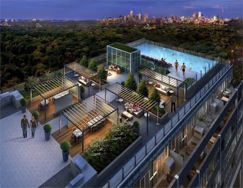 Rise Condos Infinity Pool Overlooking Toronto Rooftop Bar Design, Ramps Architecture, Condo Floor Plans, Rooftop Restaurant Design, Roof Garden Design, Rooftop Terrace Design, Rooftop Design, Rooftop Patio, Rooftop Restaurant