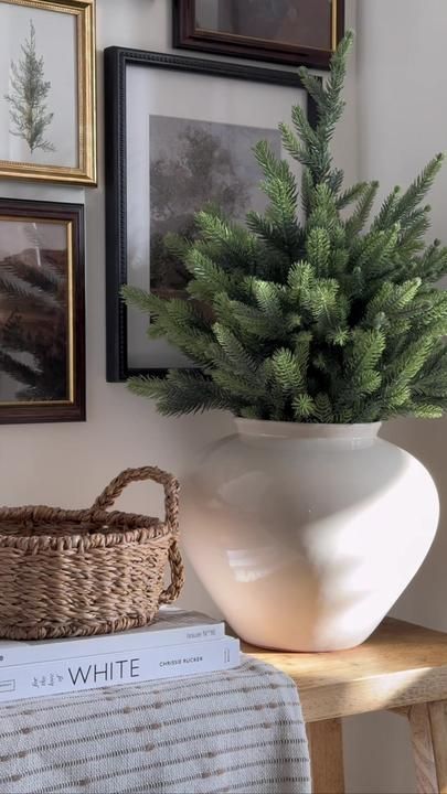 athomewithfran on TikTok Green Vase Christmas Decor, Eucalyptus Christmas Decor Vase, Evergreen Branches In Vase, Tall Rattan Vase Christmas, Michael Buble Christmas, Minimalist Christmas Decor, Faux Tree, Craft Printing, Minimalist Christmas