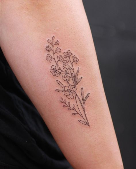 Dainty Larkspur Tattoo on the outer forearm Larkspur Flower Tattoo, Larkspur Flower Tattoos, Larkspur Tattoo, Larkspur Flower, Family Tattoos, Birth Flowers, Leaf Tattoos, Flower Tattoos, Maple Leaf Tattoo