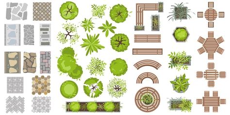 Landscape Design Top View, Outdoor Wooden Furniture, Trees Top View, Landscape Architecture Plan, Wooden Outdoor Furniture, Landscape Design Drawings, Architecture Design Sketch, Landscape Elements, Garden Design Plans