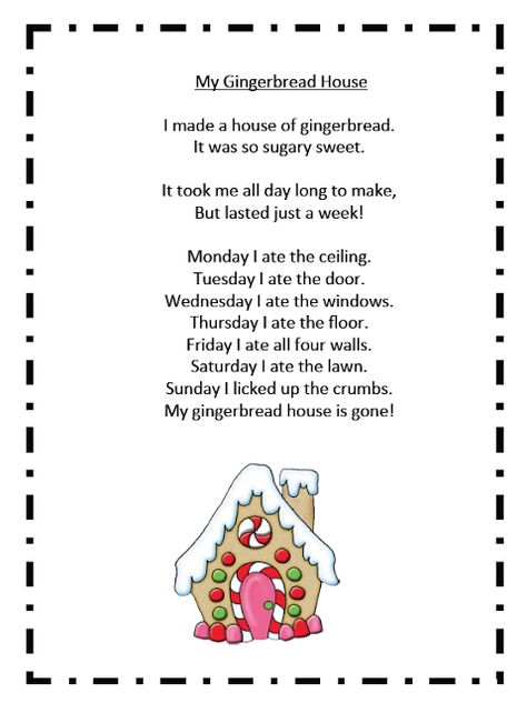 Grade ONEderful: My Gingerbread House Poem; other ideas on this blog post too including Cookie Monster song about gingerbread cookies Gingerbread Poems Preschool, Gingerbread Songs For Toddlers, Gingerbread House Quotes, Gingerbread Lesson Plans For Toddlers, Gingerbread Circle Time Activities, Gingerbread Poem For Child Size Board, Short Christmas Poems For Kids Children, Gingerbread Man Song, Monster Song