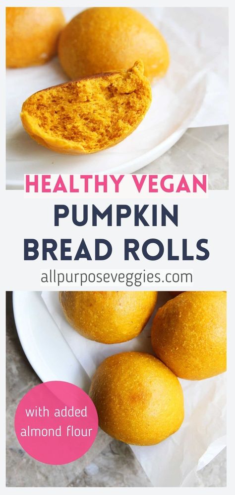 These yeasted pumpkin bread rolls are the best dinner rolls ever! The pumpkin puree and the added almond flour pair really well and give these soft dinner rolls almost a buttery smooth flavor that most vegan dinner rolls don’t have. It's also really easy to make, especially if you have a stand mixer or a bread machine. Almond flour also means that these pumpkin rolls are nutritionally dense and also very filling. #pumpkinrolls #dinnerrolls #healthybread #pumpkinbread #breadrolls #easybread Pumpkin Sandwich Bread, Sweet Potato Yeast Bread Recipe, Potato Yeast Bread, Healthy Sandwich Bread, Pumpkin Bread Rolls Recipe, Vegan Sandwich Bread, Pumpkin Bread Rolls, Potato Yeast, Pumpkin Sandwich