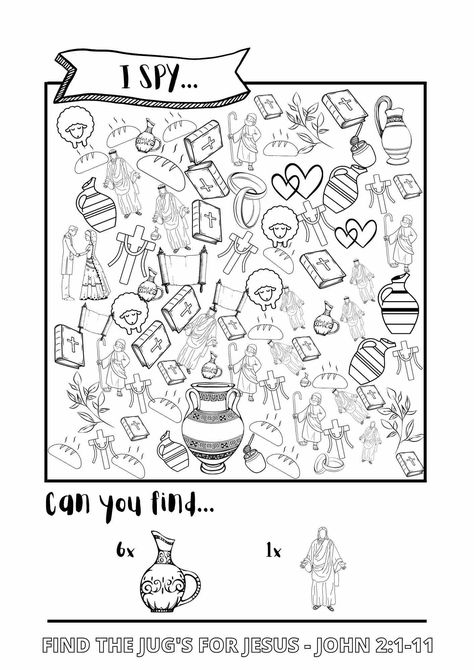 Bible themed i-SPY Printable Activity Sheets | PDF Download - Free Bible Worksheets Jesus Turns Water Into Wine Craft, Church Activity Sheets, Sunday School Activity Sheets, Bible Activity Sheets, Sunday School Worksheets, Catholic Kids Activities, Printable Bible Activities, Bible Study Activities, Bible Coloring Sheets