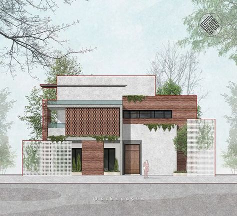 Courtyard Wall Design Ideas, Minimal Facade Design, Residence Elevation Modern, Bungalow Exterior Design, Interior Architecture Sketch, Minimalist Texture, Illustration House, 3 Storey House Design, Architecture Design Process