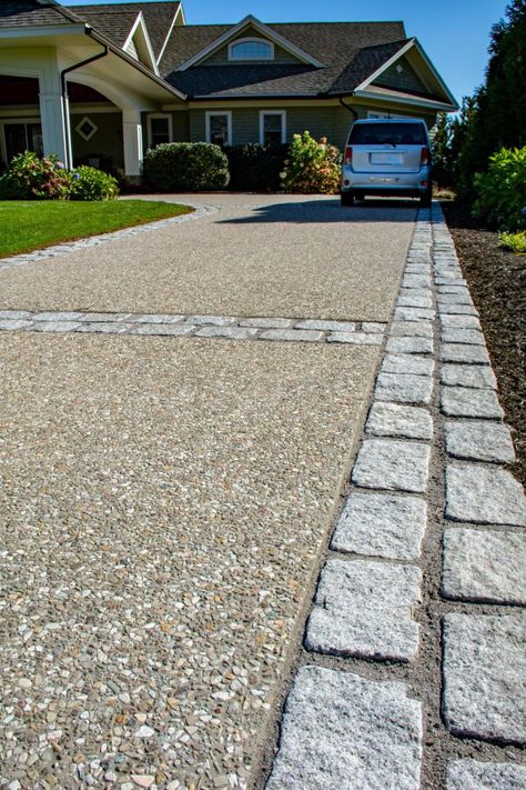 Mediterranean Driveway Ideas, Concrete Driveway With Brick Inlay, Pebble Concrete Driveway, Gravel And Cement Driveway, Long Concrete Driveway, Natural Stone Driveway, Concrete And Gravel Driveway, Polished Concrete Driveway, Gravel And Concrete Driveway