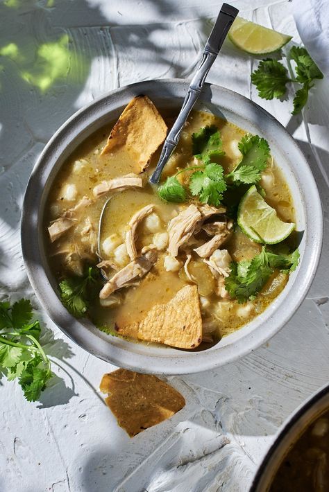 hatch chile chicken pozole. — michelle mcglinn Green Chicken Pozole, Hatch Chile Chicken, Pozole Soup, Hatch Peppers, Chicken Pozole, Hatch Chiles, Fresh Tortillas, Green Chicken, Chile Peppers