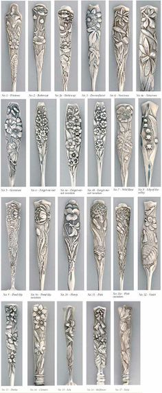 Shiebler sterling silver multi-motif "Flora" pattern, available in at least 17 motifs, plus variations. This is one of the earliest art nouveau patterns, ... Sterling Silver Flatware Pattern, Art Nouveau Floral Pattern, Sterling Silverware, Antique Flatware, Flora Pattern, Flatware Patterns, Antique Spoons, Art Nouveau Pattern, Nouveau Jewelry