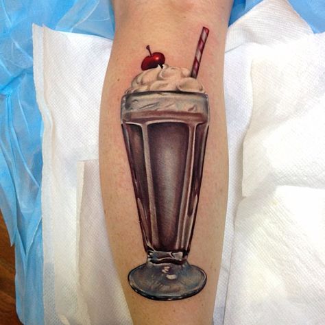 Loving this Whipped Cream Cherry Topped Chocolate MilkshakeTattoo By Kris Busching Milkshake Tattoo, Dessert Tattoo, Food Tattoos, Fusion Ink, Silicone Food Covers, Star Wars Logo, Inked Magazine, Sleeves Ideas, Feminine Tattoos