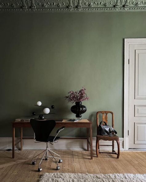 Green Moulding Wall, Green Moulding, Moulding Wall, Dusty Green, Wall Molding, Green Wall, Colorful Interiors, Guest Room, Bedroom