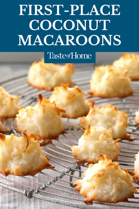 These coconut macaroon cookies earned me a first-place ribbon at the county fair. They remain my husband's favorites—whenever I make them to give away, he always asks me where his batch is! I especially like the fact that this recipe makes a small enough batch for the two of us to nibble on. —Penny Ann Habeck, Shawano, Wisconsin #firstplacecoconutmacaroons #macaroonrecipes #macaroon #desserts Coconut Macarons Recipes, Macaroon Cookies Recipe Easy, Coconut Macaroon Cookie, 3 Ingredient Macaroons, Macaroon Coconut Recipe, Macaroon Recipes Coconut, Easy Coconut Macaroons Recipe, Coconut Macaroons Without Condensed Milk, Chewy Coconut Macaroons