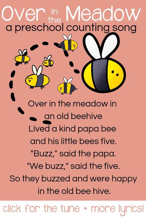 Play to learn! This sweet preschool song teaches animal sounds and counting in a fun way. Click to see the video with all the lyrics! #toddlersongs #preschool #circletime #play Preschool Counting Songs, Over In The Meadow, Animal Song, Library Storytime, Counting Songs, Insects Preschool, Bugs Preschool, Circle Time Songs, Bee Activities