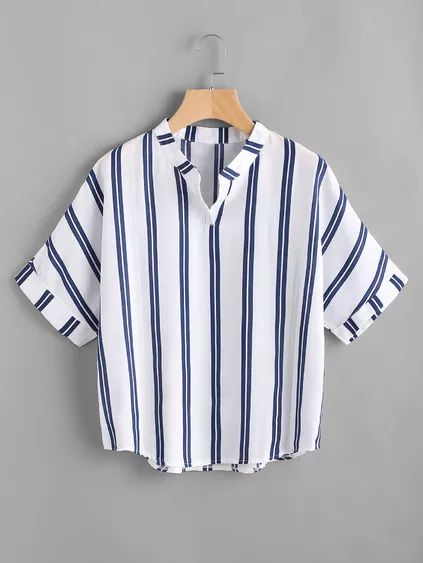 Band Collar Stripe Print Blouse Hem Blouse, Blouse Short Sleeve, Band Collar, Girls Fashion Clothes, Print Blouse, Casual Blouse, Striped Blouse, Fashion Tops, Stripe Print