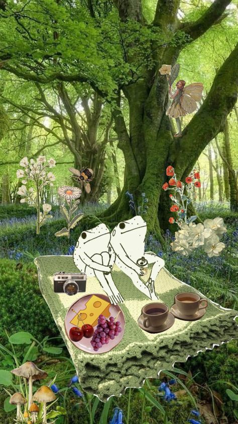 little frog picnic #collage #aesthetic #cottagecore #frogs Potluck Aesthetic, Picnic Aesthetic Wallpaper, Picnic Collage, Crow Party, Cottagecore Drawing, Fairy Picnic, Cottagecore Picnic, Cottagecore Frog, Picnic Vibes