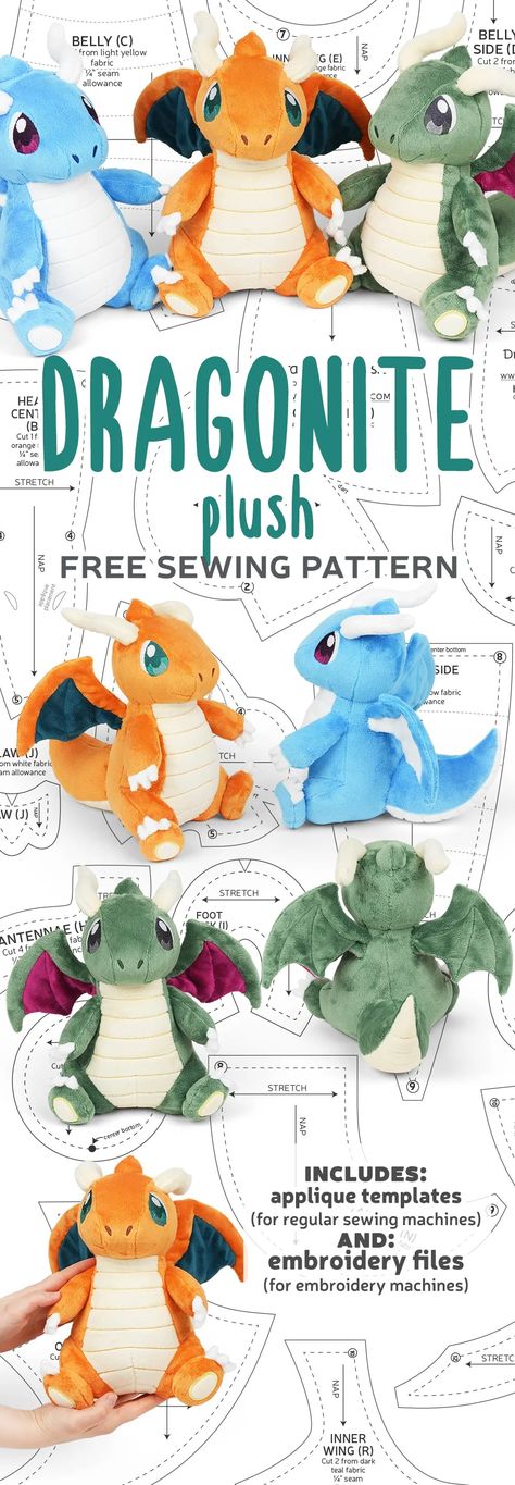 Free Pattern Friday! Dragonite Plush – Sew Desu Ne? Charizard Plush Pattern, Dragon Plushie Pattern Free, Sewing Plushies Free Pattern, Sewing Patterns Free Plushies, Sewing Pokemon, Dragon Plushie Pattern, Pokemon Plush Pattern, Sewing Patterns Plushies, Dragonite Plush