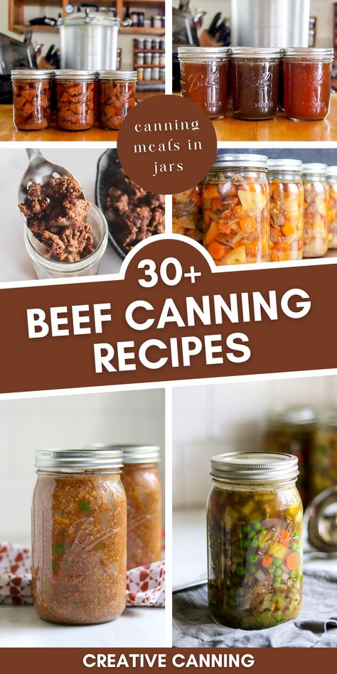 If you're looking for a way to store a variety of beef meals in jars to enjoy over time, look no further than home canning! Pressure canning beef is a great way to extend the quality and shelf life of beef, so you can enjoy your favorite beef-based recipes like beef stew, hamburger, ground beef, sloppy joes and even beef broth all year round! With these meal canning recipes, you'll have delicious meals in jars that you can quickly pull out and enjoy! Pressure Canning Beef, Meal In A Jar Recipes, Chili Canning Recipe, Meals In Jars, Canning Beef Stew, Meat Canning, Canning Chili, Canning Beef, Pressure Canning Meat