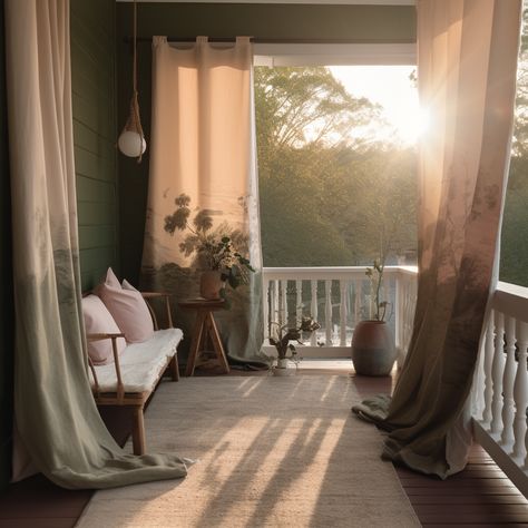 Golden hour, outdoor curtains, front porch, cozy seating, natural wooden furniture, woven rug, subdued colors Front Porch Vibes, Curtains On Front Porch, Bohemian Front Porch, Porch With Curtains, Front Porch Curtains, Verandah Ideas, Outside Curtains, Curtains Bohemian, Large Porch