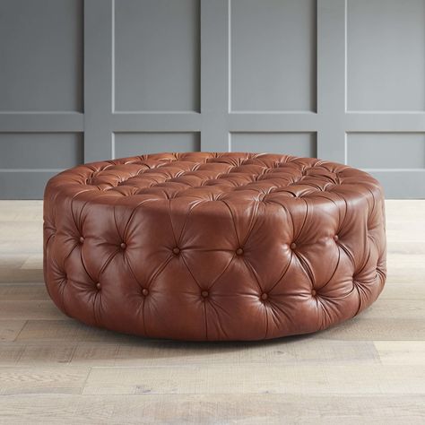 Woodland Living Room, Upcycled Dining Chairs, Tufted Leather Ottoman, Round Leather Ottoman, Tufted Leather Chair, Round Tufted Ottoman, Leather Cocktail Ottoman, Center Table Living Room, Luxury Houses Mansions