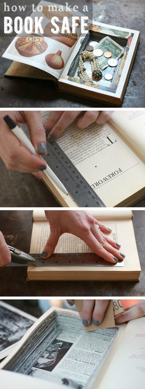 Yes! A book safe is such a fun project and adds a whole other level of cool to your bookcase. Keep all your trinkets and valuables out, in plain sight without anyone knowing they are there! DIY instructions here: http://www.ehow.com/how_2087584_make-book-safe.html?utm_source=pinterest.com&utm_medium=referral&utm_content=inline&utm_campaign=fanpage Diy Old Books, Hantverk Diy, Hidden Safe, Old Book Crafts, Book Safe, Old Book, How To Turn, Diy Projects To Try, Book Making