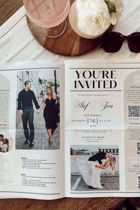 Wedding Magazine Invitation, Newspaper Prop Photoshoot, Newspaper Wedding Invitations Vintage, Wedding Invitations Photoshoot, Magazine Save The Date, Newspaper Save The Date Ideas, Wedding Newspaper Invitation, Newspaper Invitation Wedding, Magazine Wedding Invitations