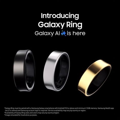 Samsung Galaxy Ring has been launched officially today with titanium grade 5 finish, IP68, up to 100 meters, 7.0 x 2.6mm, weight 2.3 gms, nine sizes from 5 to 13 in Titanium Black, Titanium Gold, and Titanium Silver colors at $399. #Samsung #SamsungGalaxyRing #SamsungUnpacked #technews #trending #trendingnews #samsungring #SamsungGalaxy Samsung Galaxy Smartphone, Galaxy Ring, Health Tech, Health App, Grade 5, Personal Health, Black Rings, Tech News, Silver Color