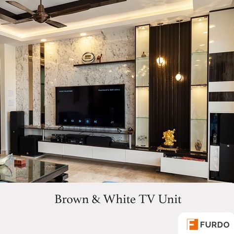 Get your home designed by Furdo! Profile Shutter, Wooden Rafters, White Tv Unit, Marble Laminate, Minimalist Storage, Tv Unit Designs, Decorative Lamps, Tv Room Design, White Tv