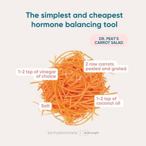 Kitty Blomfield on Instagram: "The simplest and cheapest hormone balancing tool 💛 Lots of new followers so thought I'd talk a little bit more about this amazing little salad! I reckon I've eaten this salad every day nearly for the last 9 years 🤣 thanks to my business partner @thenutritioncoach who introduced me to the work of Dr Ray Peat all those years ago. Dr Ray Peat Ph.D is a biologist who did a lot of research into hormones and anti-ageing. He appeared to discover a link between estrogen, serotonin, and his migraine occurrences, observing that the fiber in raw carrots bonded with estrogen and efficiently removed it from the body. A medium sized raw carrot, or its equivalent, eaten daily can lower anti-thyroid and inflammatory substances, reduces liver burden, assists the GI trac Carrots For Hormone Balance, Ray Peat Diet, Raw Carrot Salad For Hormones, Kitty Blomfield, Prometabolic Eating, Dr Ray Peat, Raw Carrot Salad, Feminine Advice, Lunch Plan