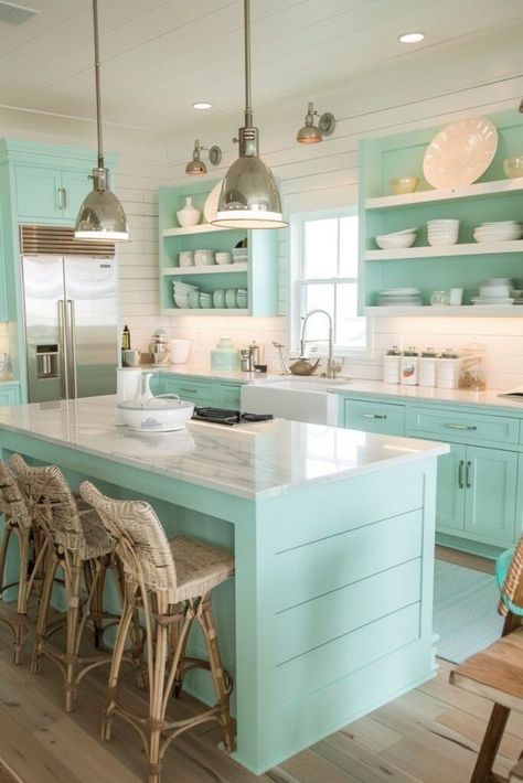 Seafoam Green Kitchen Walls, Mint Green Room, Green Room Design, Green Kitchens, Aqua Kitchen, Green Kitchen Designs, Sage Green Kitchen, Turquoise Kitchen, Home Decor Idea