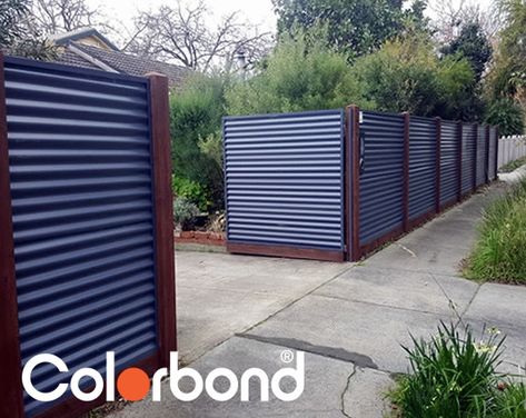 Colorbond Fence, Corrugated Metal Fence, Metal Fence Panels, Modern Fence Design, Privacy Fence Designs, Front Fence, Backyard Privacy, Driving Lessons, Privacy Fences