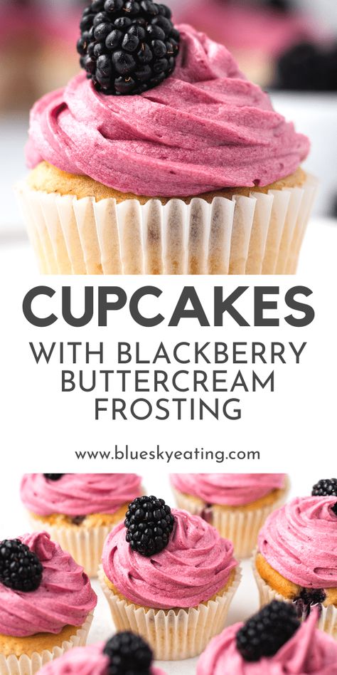 These blackberry cupcakes with blackberry buttercream frosting are easy to make and sure to impress! The vanilla sponge cake base is light, fluffy, moist and studded with fresh blackberries. Then they’re topped off with a perfectly purple frosting swirl! Plus, it's all completely gluten free and nobody would ever know it. Chocolate Cupcakes With Blackberry Buttercream, Blackberry Buttercream Frosting, Blackberry Frosting, Purple Frosting, Blackberry Buttercream, Blackberry Cupcakes, Traybake Cake, Strawberry Cheesecake Cupcakes, Dairy Free Frosting