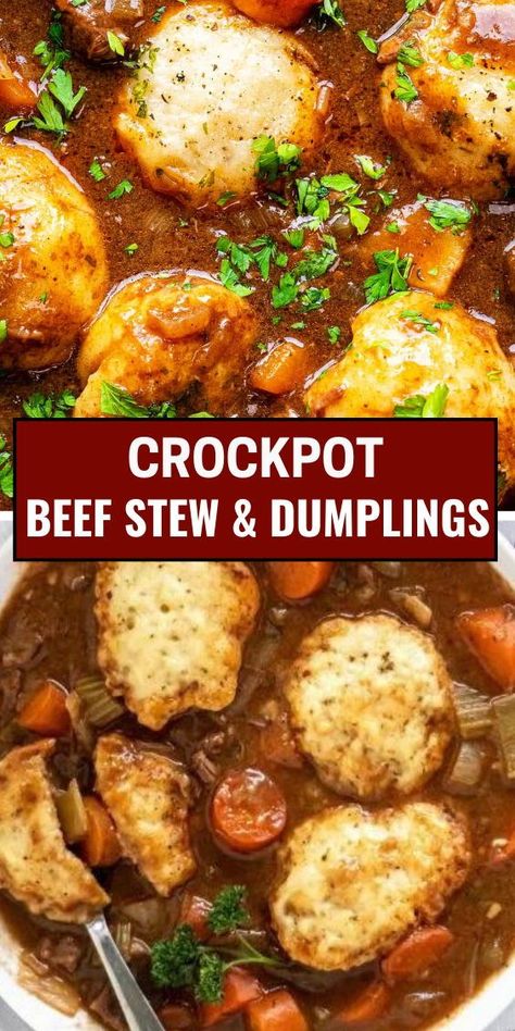 Comfort Food Classic! This Crockpot Beef Stew & Dumplings recipe delivers tender beef, flavorful veggies, and fluffy dumplings – all in one pot! Perfect for cozy nights in. Slow Cooker Beef Stew With Dumplings, Stew And Dumplings Recipe, Beef Stew And Dumplings Slow Cooker, Dumplings Recipe Stew, Stew Dumplings Recipe, Beef Dumplings Recipe, Beef Stew Dumplings, Crockpot Dumplings, Glazed Sausages