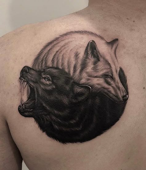 Two Wolves Tattoo, White Wolf Tattoo, Kurt Tattoo, Shoulder Tattoos, Ying Yang Tattoo, Wolf Tattoo Sleeve, Yin Yang Tattoos, Geometric Tattoo Arm, Circle Tattoos